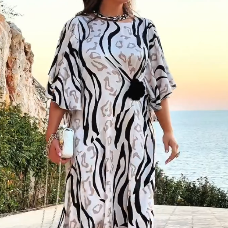 Elegant Printed Round Neck Flowy Dress