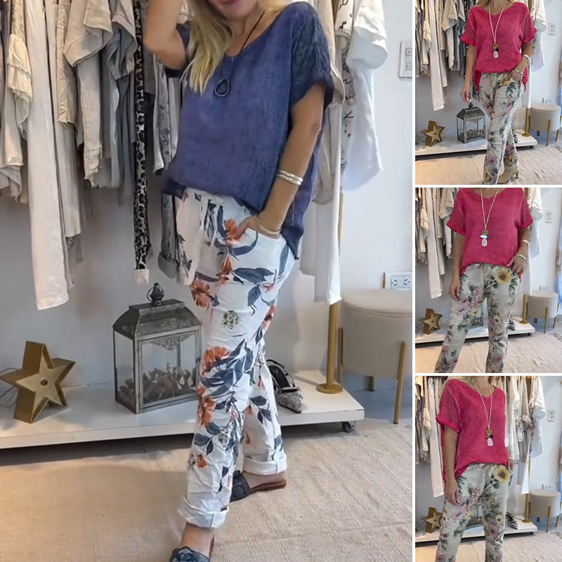 Women's 2-Piece Outfit - Solid Blouse & Floral Print Casual Pants