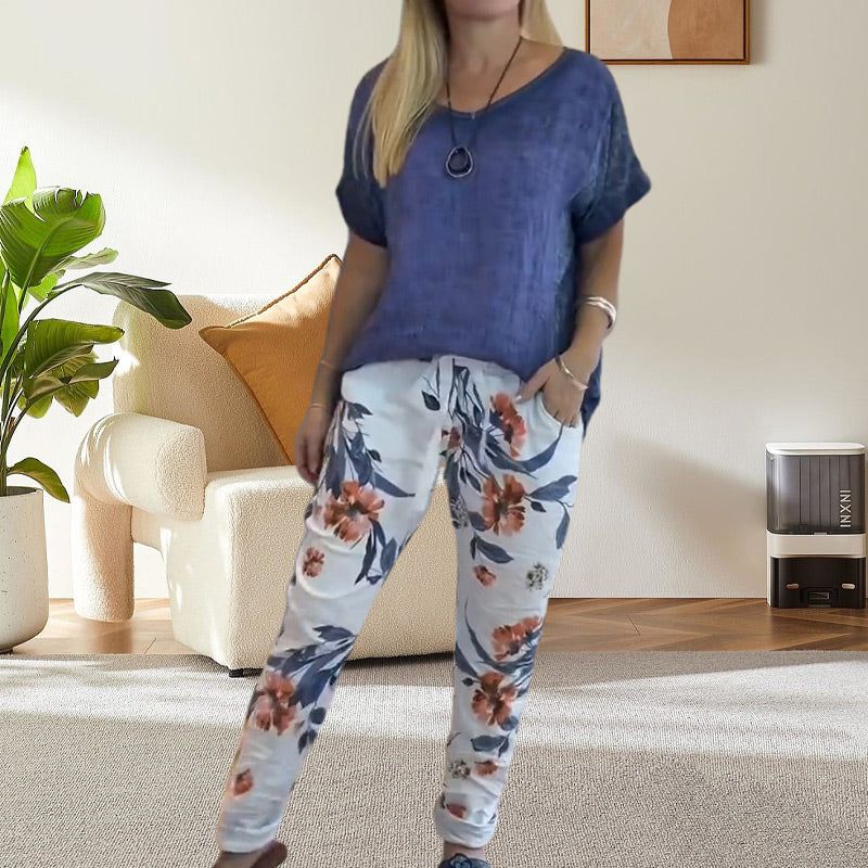 Women's 2-Piece Outfit - Solid Blouse & Floral Print Casual Pants