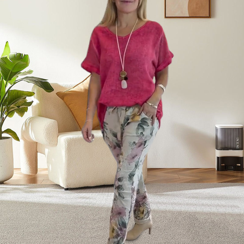 Women's 2-Piece Outfit - Solid Blouse & Floral Print Casual Pants