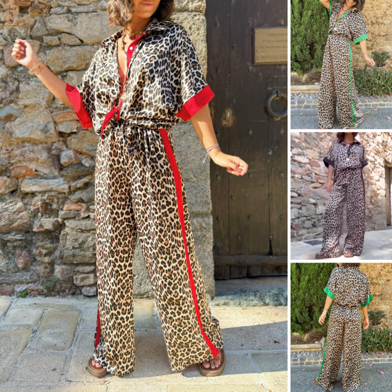 Women's 2-Piece Leopard Print Outfit Button-Down Shirt & Wide-Leg Pants