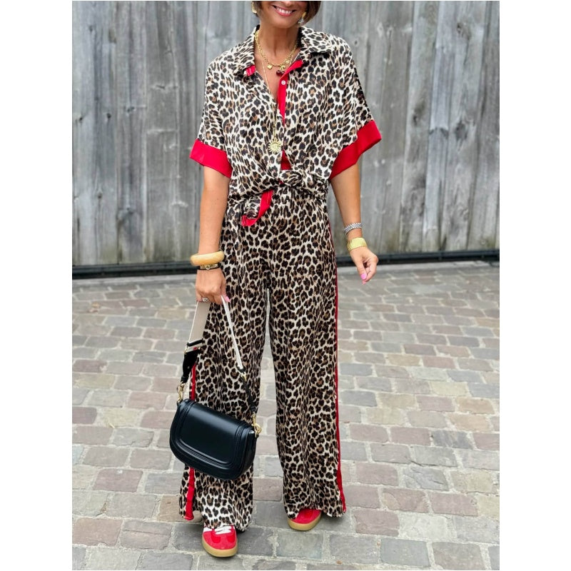 Women's 2-Piece Leopard Print Outfit Button-Down Shirt & Wide-Leg Pants