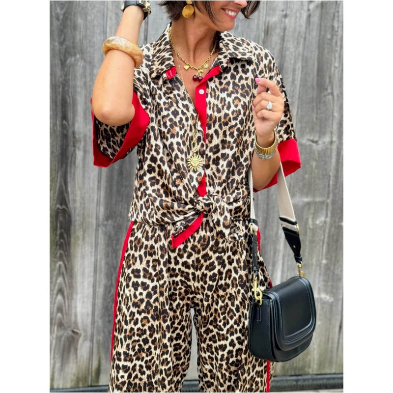 Women's 2-Piece Leopard Print Outfit Button-Down Shirt & Wide-Leg Pants