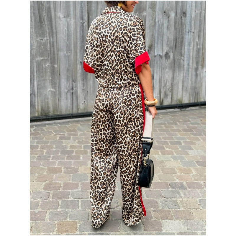 Women's 2-Piece Leopard Print Outfit Button-Down Shirt & Wide-Leg Pants