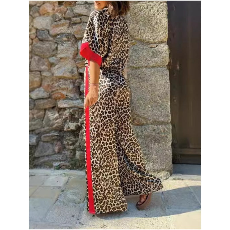 Women's 2-Piece Leopard Print Outfit Button-Down Shirt & Wide-Leg Pants