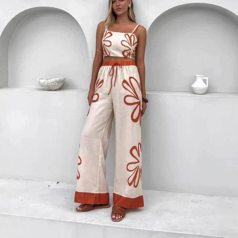 Printed Sleeveless Top & Wide-Leg Pants Set