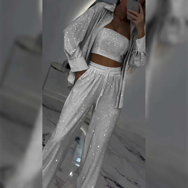 Women's Sequin Blazer & Wide-Leg Pants (3-Piece Set)