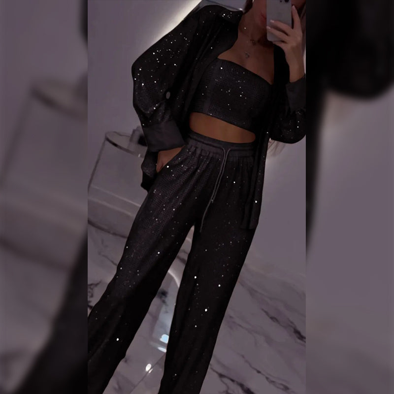 Women's Sequin Blazer & Wide-Leg Pants (3-Piece Set)