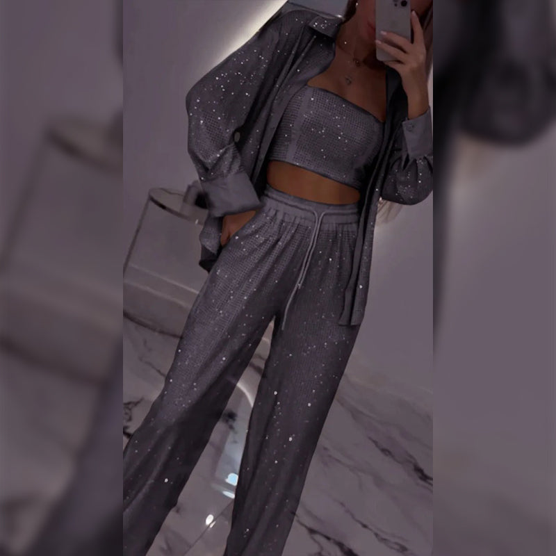 Women's Sequin Blazer & Wide-Leg Pants (3-Piece Set)