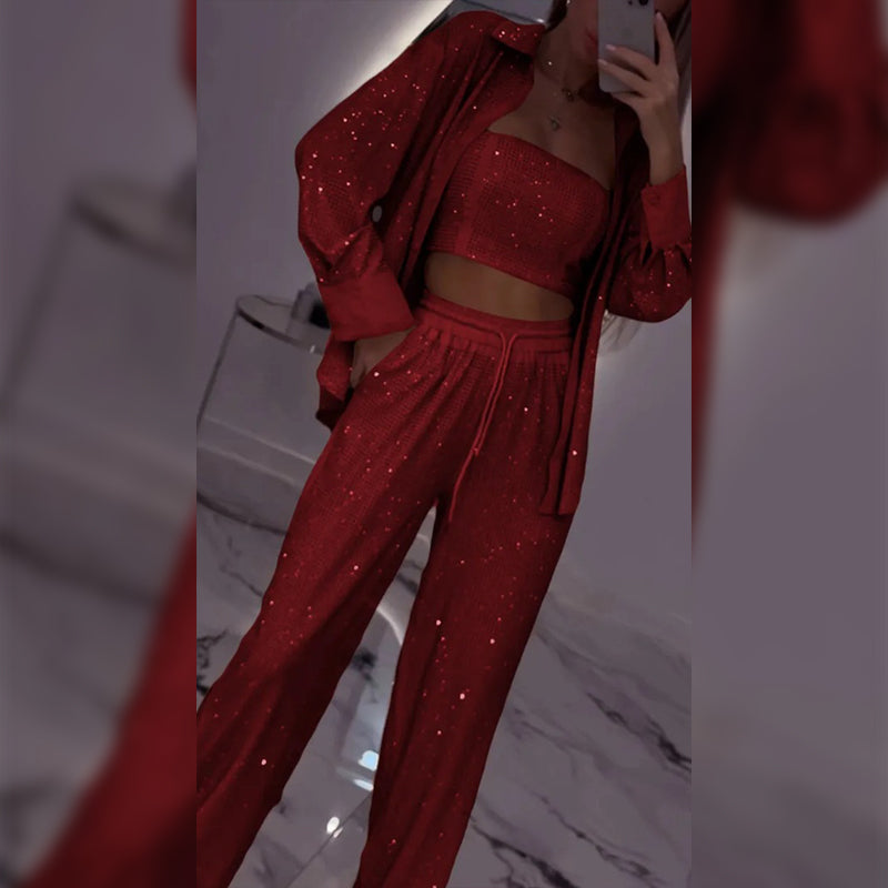 Women's Sequin Blazer & Wide-Leg Pants (3-Piece Set)