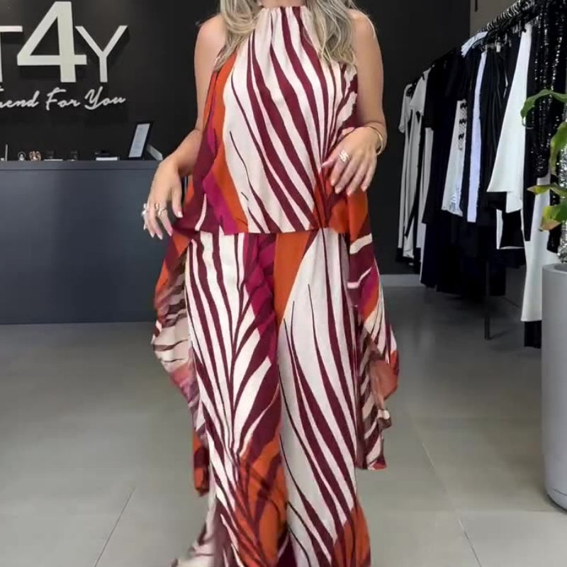 Printed High-Low Halter Top & Wide Leg Pants Set