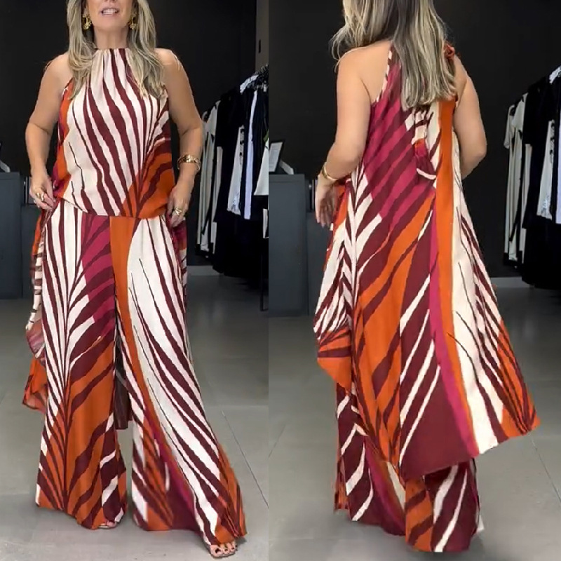 Printed High-Low Halter Top & Wide Leg Pants Set