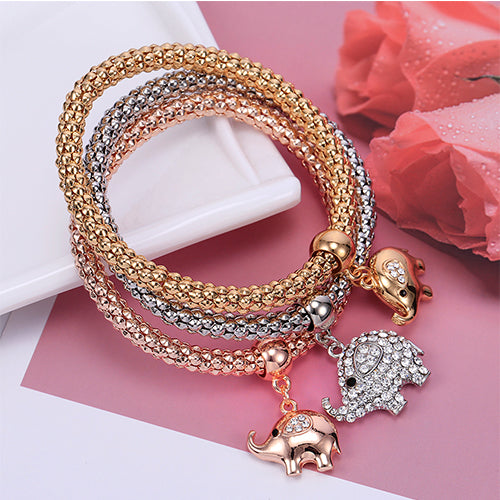 Adjustable 3Pcs/Set Cute Elephant Crystal Charms Bracelets