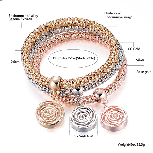3pcs/set Mix Color Round Hollow Rose Charm Bracelets