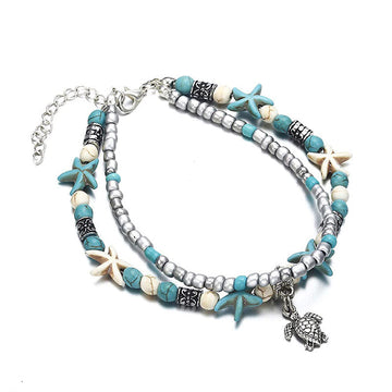 Blue Starfish Sea Turtle Elephant Multilayer Charm Beads Anklet